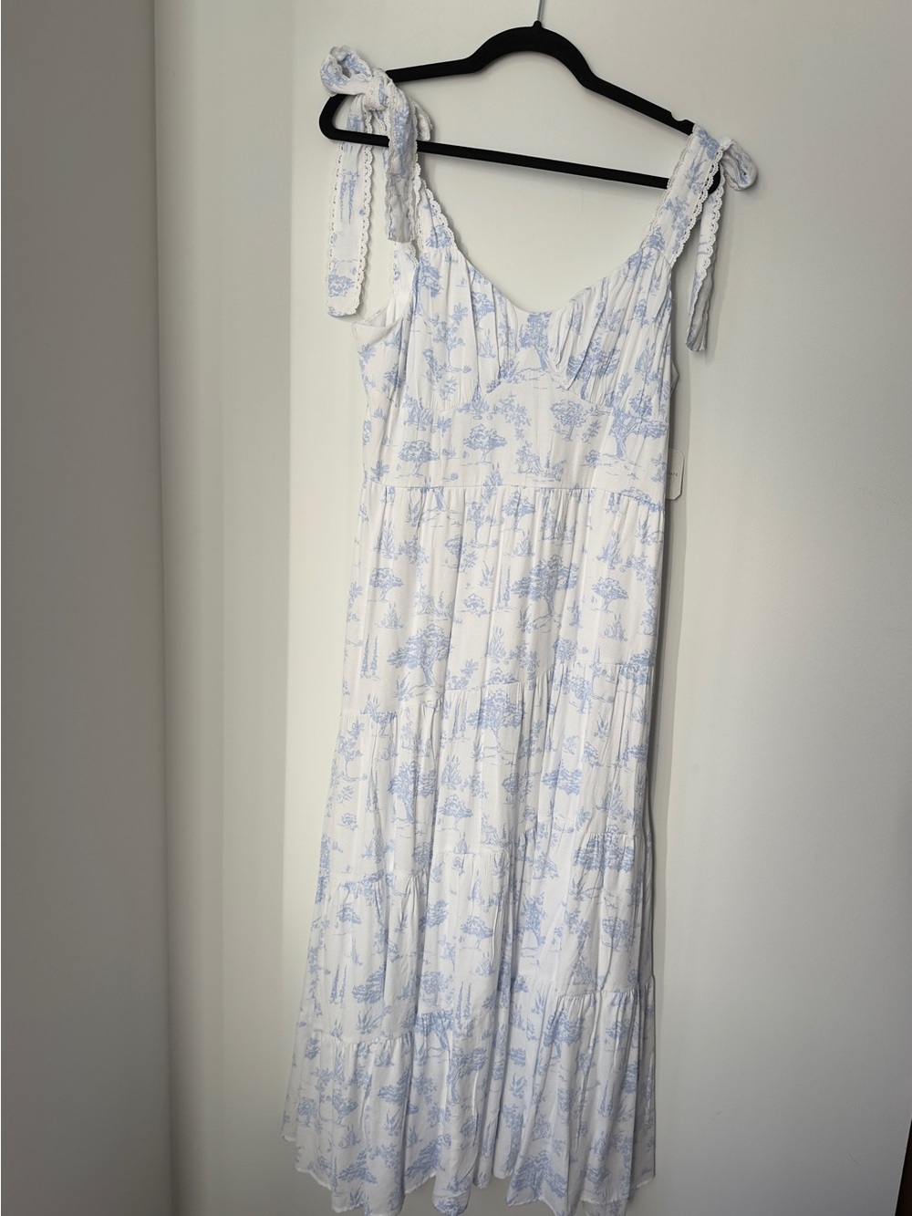 Altar'd State White and Light Blue Toile Tie-Shoulder Maxi Dress
